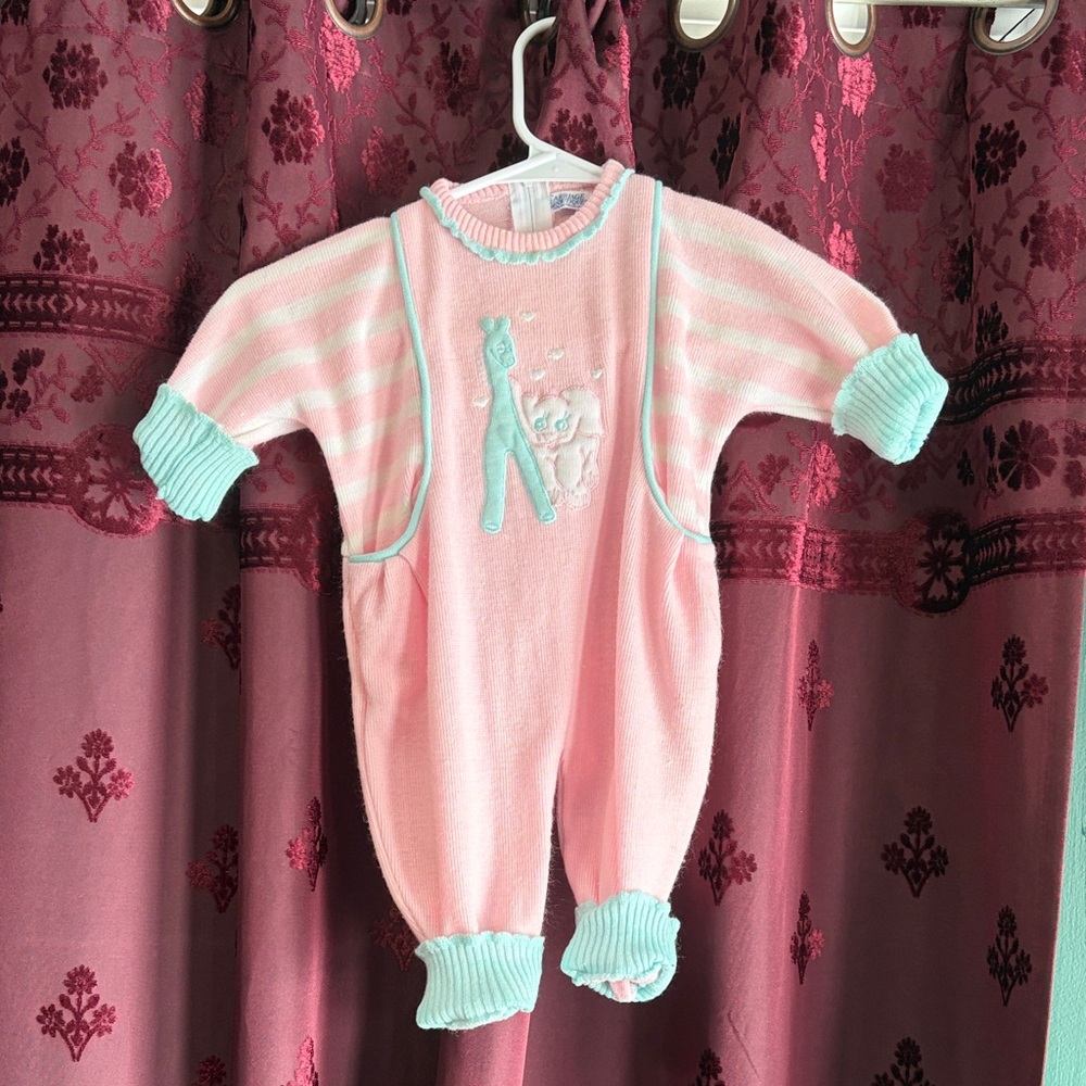 Pink and Mint Knit Baby One Piece W/ Giraffe & Elephant